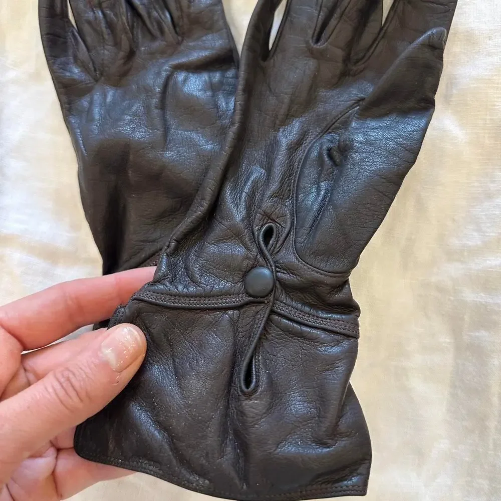 Vintage Dark Brown Leather Gloves Snap Cuff Detail